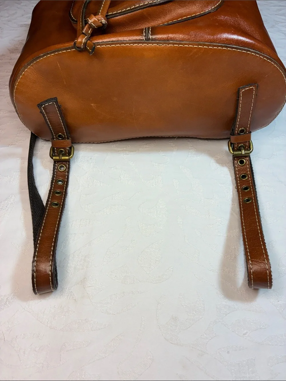 Patricia Nash Cognac Leather Drawstring Backpack with Flap 16inx15in